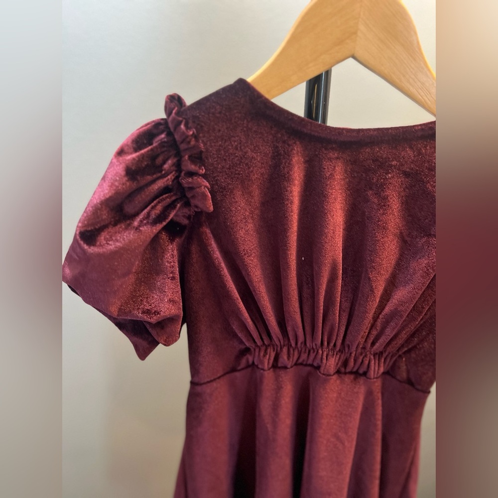Zara Girls Velvet Ruffle Puff Sleeve Elegant Dress - Burgundy - Picture 7 of 11